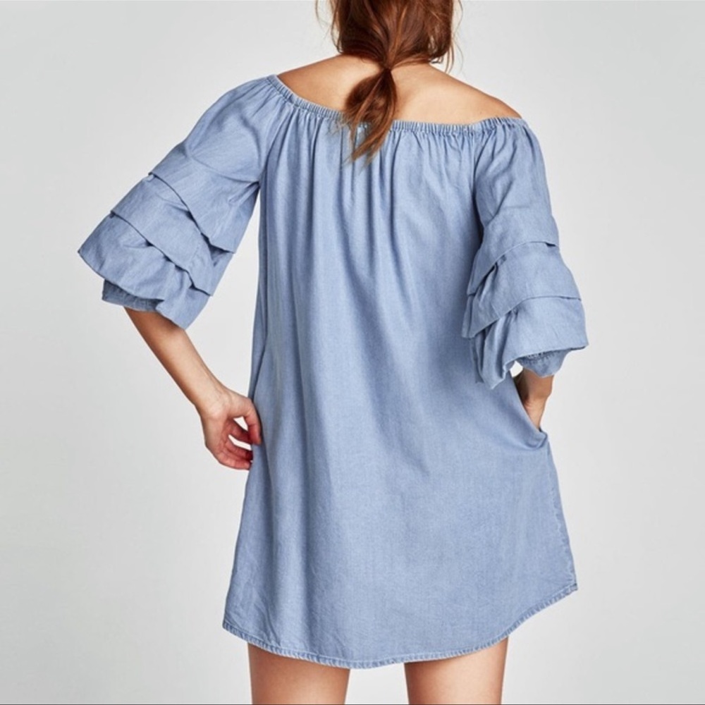 80s Made Zara Denim Cold Shoulder Frill Dress main image 1